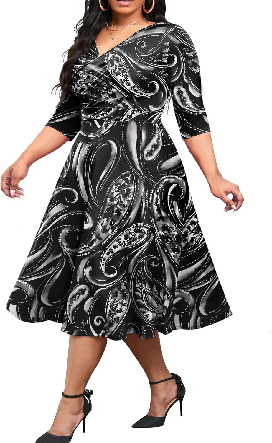 CLOCOR Plus Size Midi Dresses for Women A-Line V Neck Wrap Casual Dress | Curvy fit, shirred bodice, 3\/4 sleeve, hidden pockets, stretch empire waist, elegant style for cocktail party