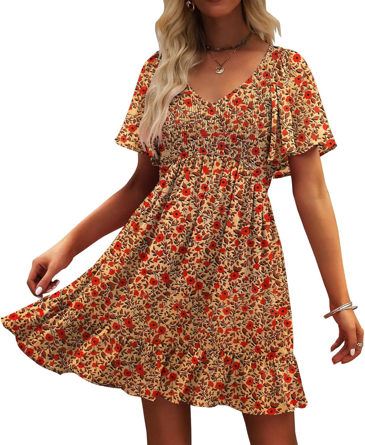 UEAL Womens Floral Smocked V Neck Casual Summer Sun Dresses | Aline, Pockets, Flowy, Cute, Empire Wiast, Flutter Sleeve, Knee Length, Bump Friendly, Beach Vacation, Resort Wear