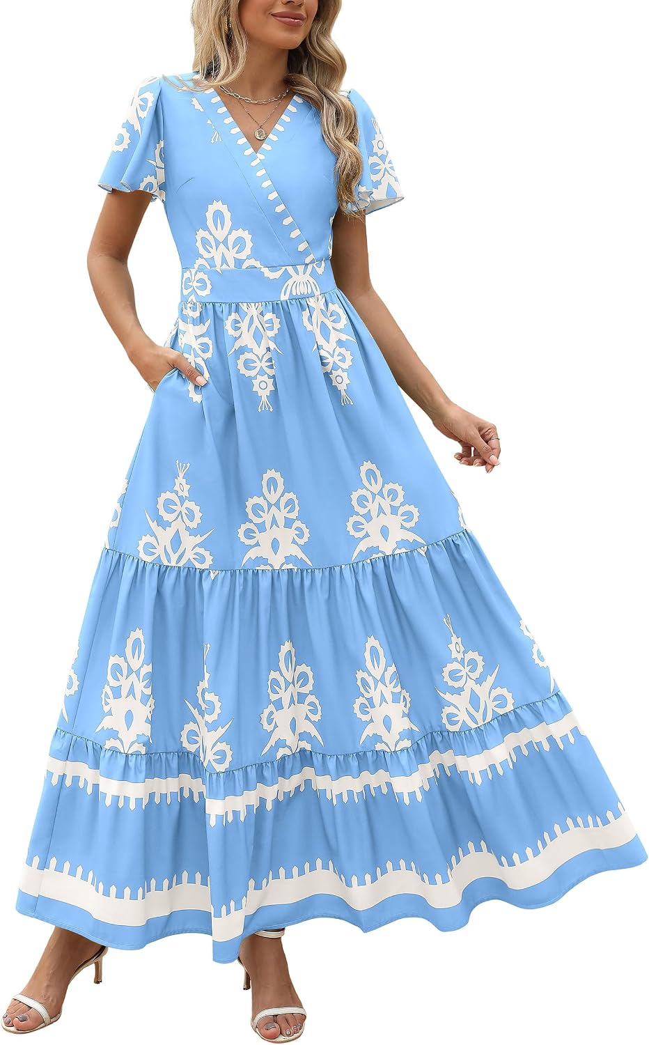 PRETTYGARDEN Womens Floral Boho Maxi Dress | Flutter Short Sleeve,Vneck Wrap,Tiered Ruffle,A Line Flowy Dresses,with Pockets,Summer Wedding Guest Beach Vacation Clothes