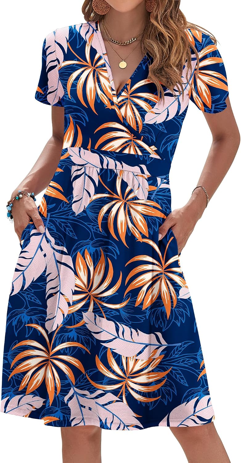 AUSELILY Womens Summer Dresses 2026 Short Sleeve V Neck Faux Wrap Dress | Surplice front, Pockets set into the skirt, Vacation dress for sightseeing, Style low heels with simple jewelry