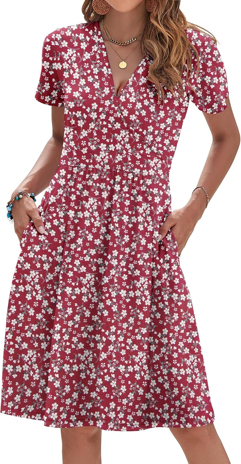 AUSELILY Womens Summer Dresses 2026 Short Sleeve V Neck Faux Wrap Dress | Surplice front, Pockets set into the skirt, Vacation dress for sightseeing, Style low heels with simple jewelry