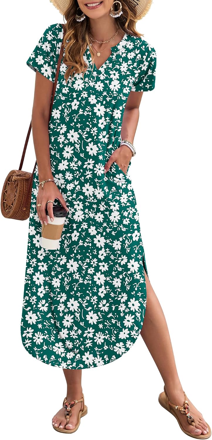 MISFAY Women's Short Sleeves Summer Maxi Dresses with Pocket | Notched V-neck, Side Splits, Two Pockets, Swing Sundress Hem, Loose Shirt Dress Fit, Ankle Length, Beach Vacation Outfits