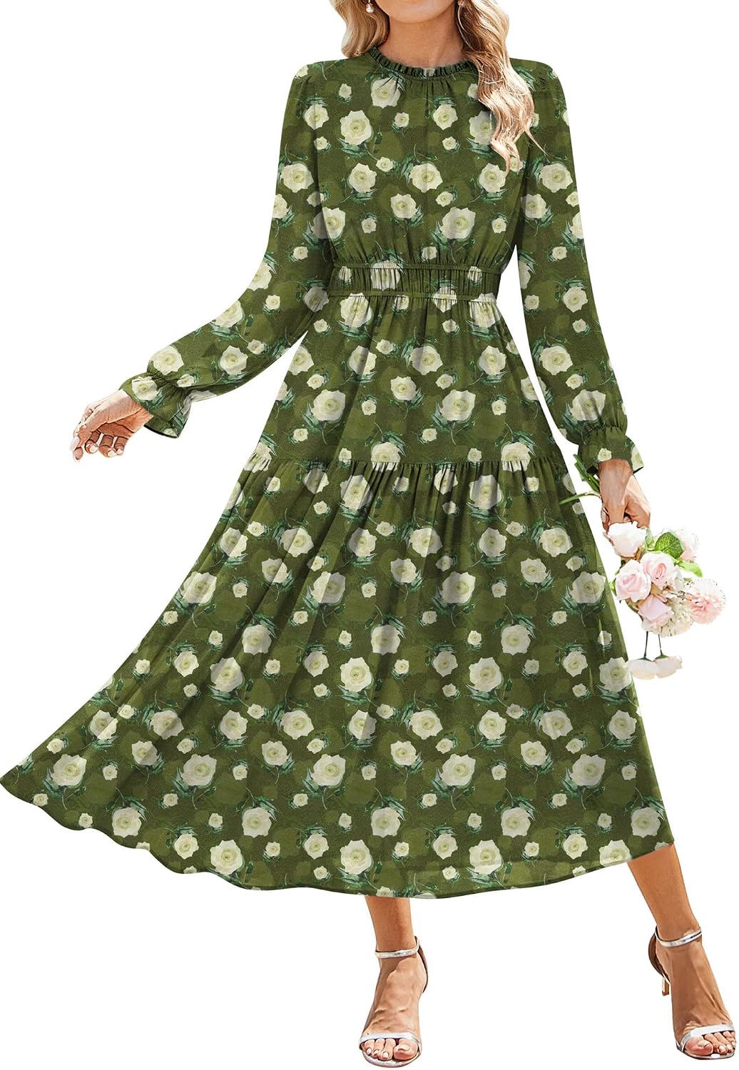 GRACE KARIN Women's Floral Long Sleeve Fall Wedding Guest Maxi Dress | 2026 Chiffon,Side Pockets,Mock Neck,Smocked Tieded,A Line Flowy Outfits Suitable for Semi Formal\/Party\/Cocktail\/Boho