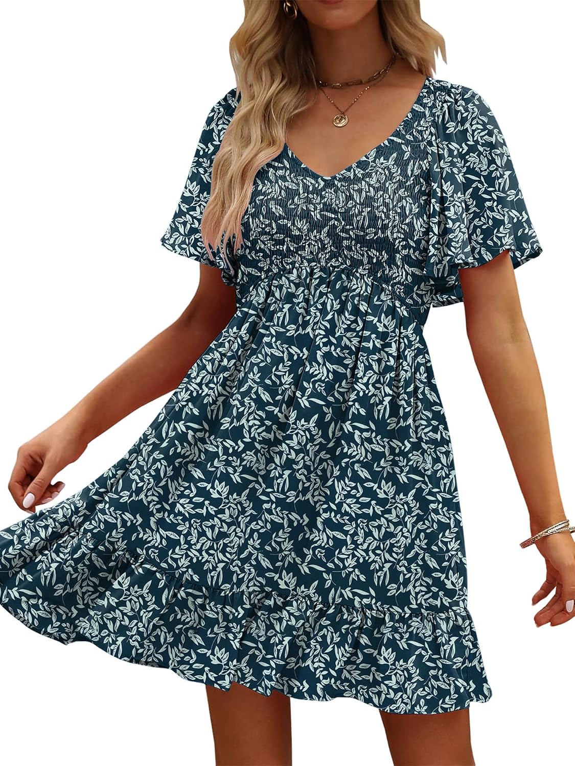UEAL Womens Floral Smocked V Neck Casual Summer Sun Dresses | Aline, Pockets, Flowy, Cute, Empire Wiast, Flutter Sleeve, Knee Length, Bump Friendly, Beach Vacation, Resort Wear