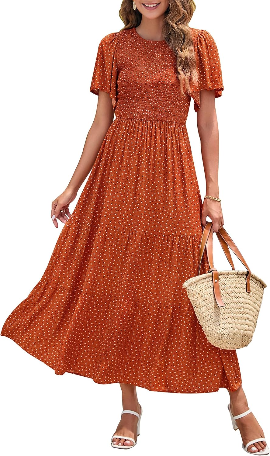 ZESICA Women's Summer Boho Floral Smocked Short Sleeve Maxi Dress | Tiered, Flowy, Elastic Waist, 2026 Casual Wedding Guest Date Holiday Beach Vacation Long Dresses