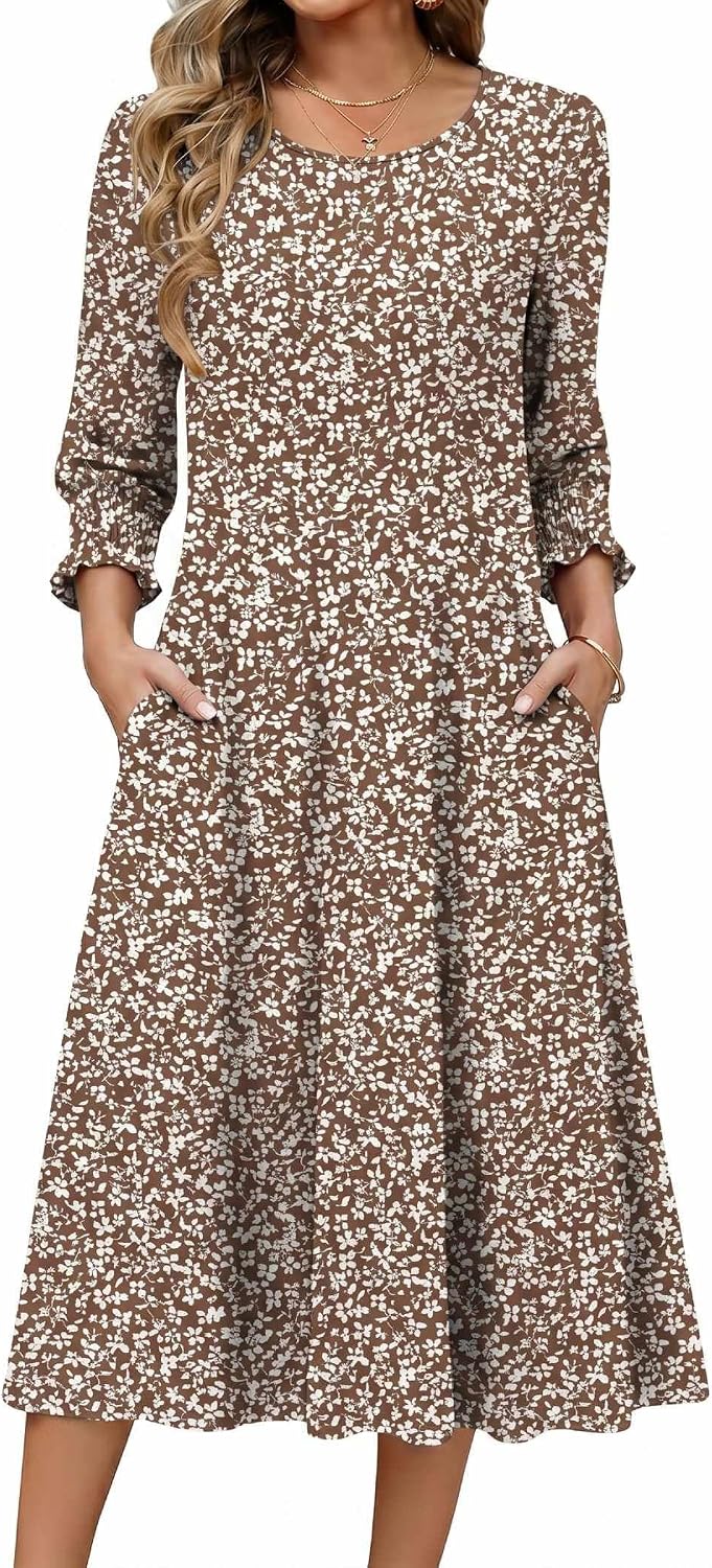 Zeagoo Summer Dresses for Women 2026 3\/4 Sleeve Dress for Women Floral Midi Dresses for Casual Womens Dresses with Pockets