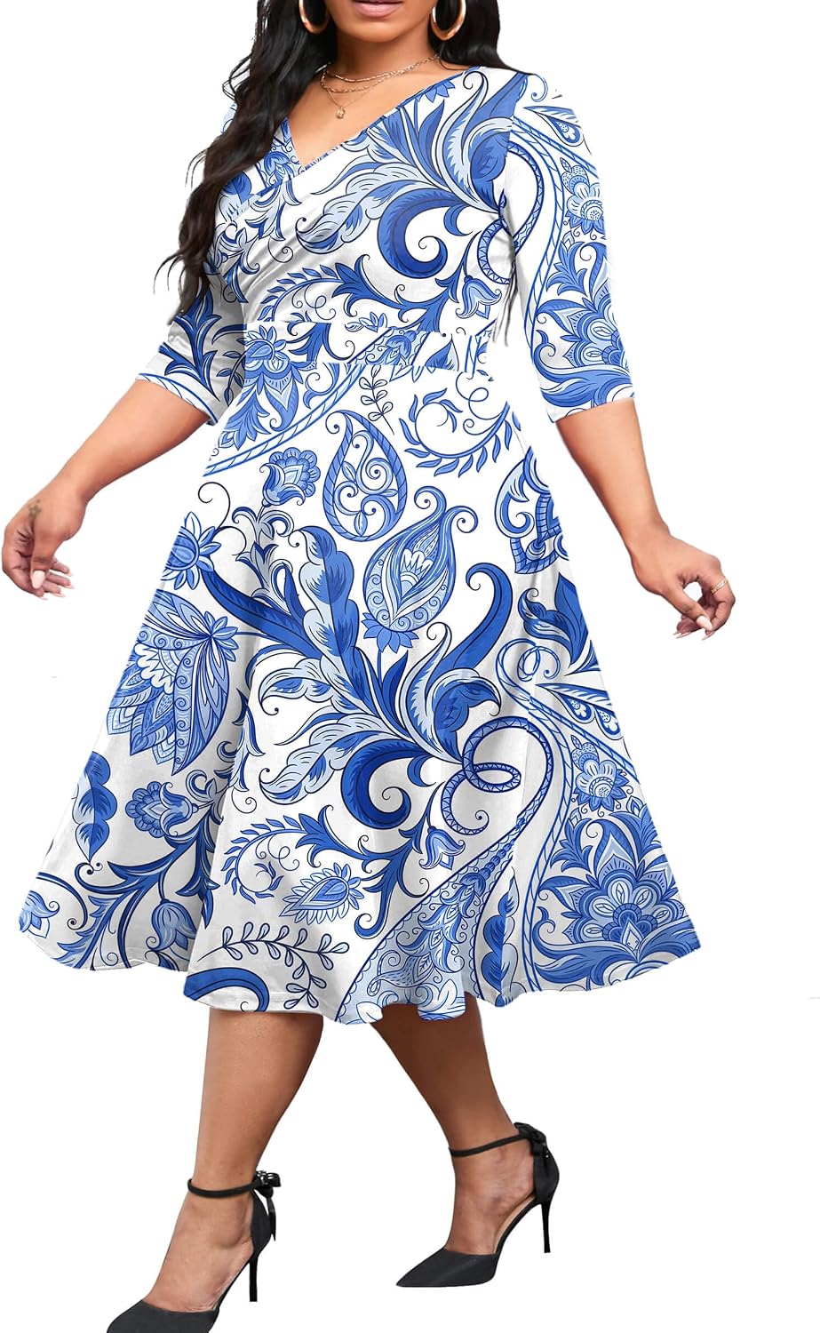 CLOCOR Plus Size Midi Dresses for Women A-Line V Neck Wrap Casual Dress | Curvy fit, shirred bodice, 3\/4 sleeve, hidden pockets, stretch empire waist, elegant style for cocktail party