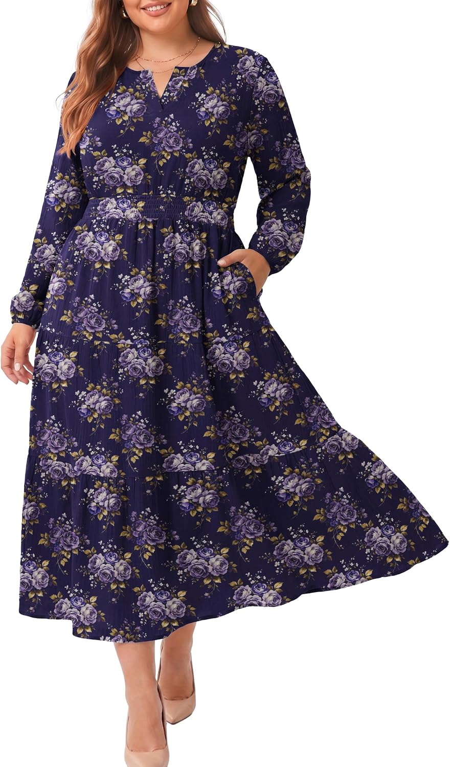 OLRIK Plus Size Fall Maxi Dress for Curvy Women Long Sleeve Pockets | Smocked Waist Tiered Skirt Deep Pockets Autumn Boho Maxi Dress for Wedding Guest Family Photo Teacher or Work Casual
