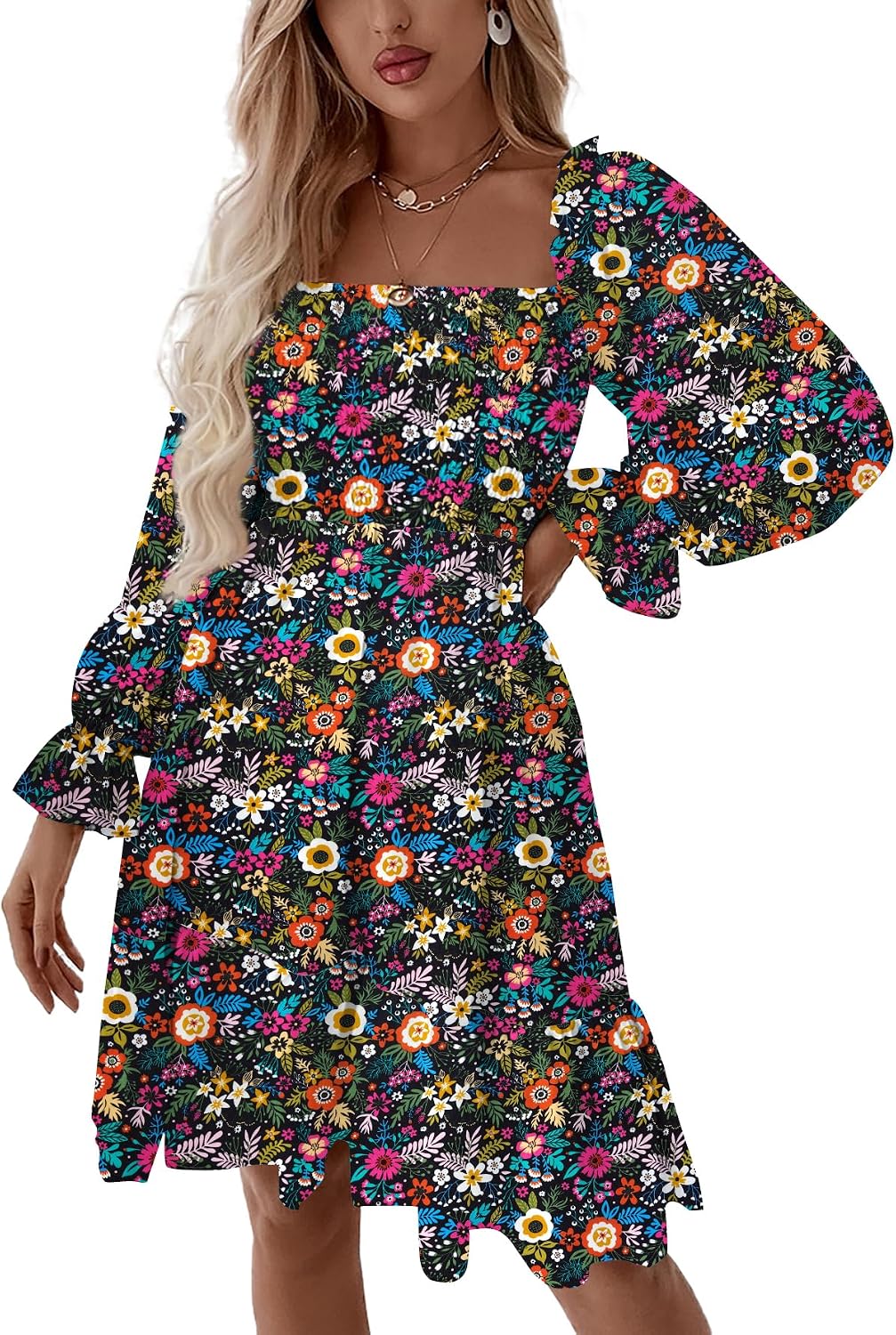 LYANER Women's Shirred Party Mini Dress | Square Neck Lantern Long Sleeve Ruffle A Line Flowy Casual Short Dresses