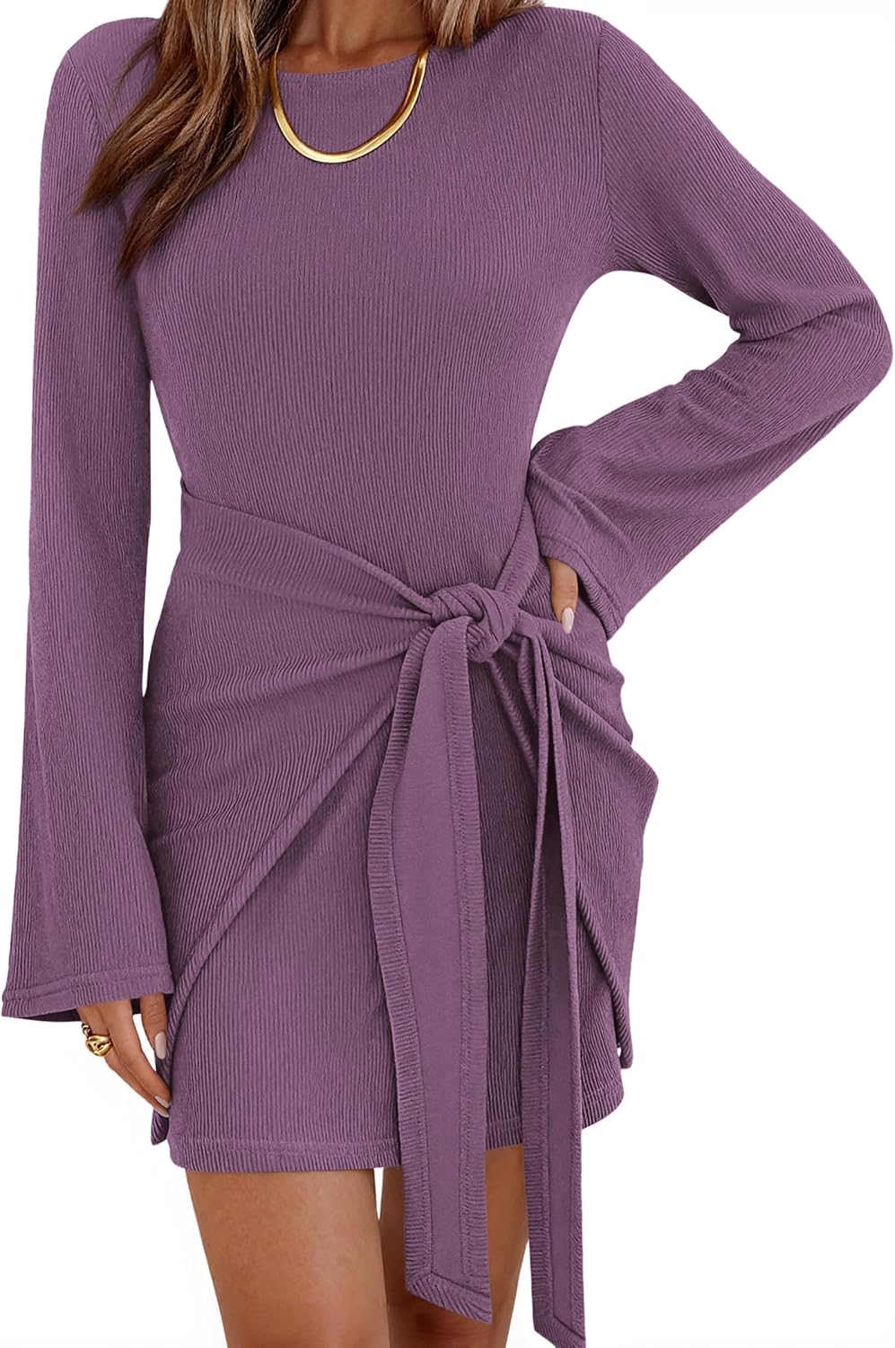 dowerme Women Bell Long Sleeve Tie Waist Bodycon Mini Dress | Casual Fall Fashion Boat Neck Short Dresses 2026,Cute Winter Tie Front Party Vacation Clothes,Soft Ribbed Knit Spring Outfits