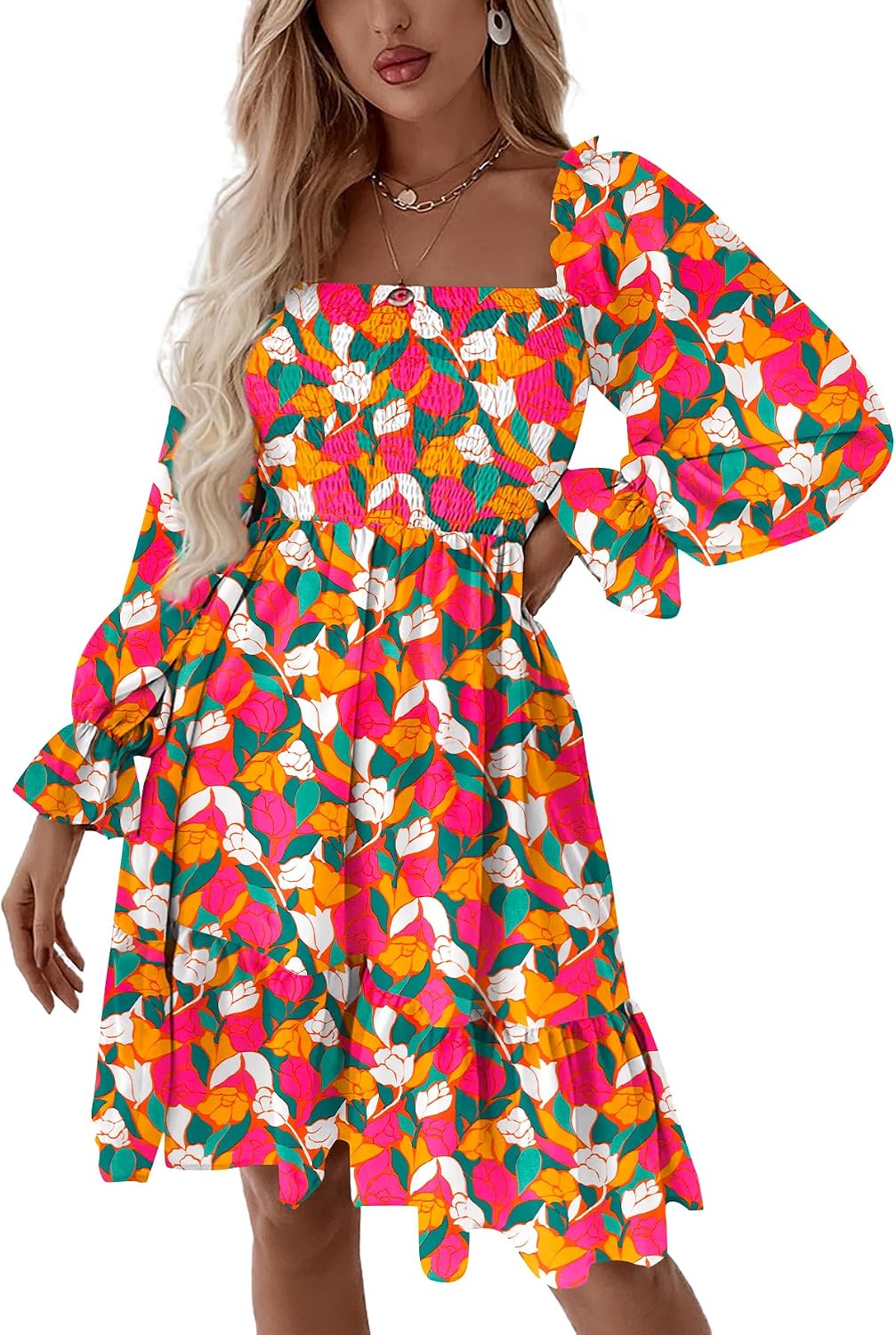 LYANER Women's Shirred Party Mini Dress | Square Neck Lantern Long Sleeve Ruffle A Line Flowy Casual Short Dresses