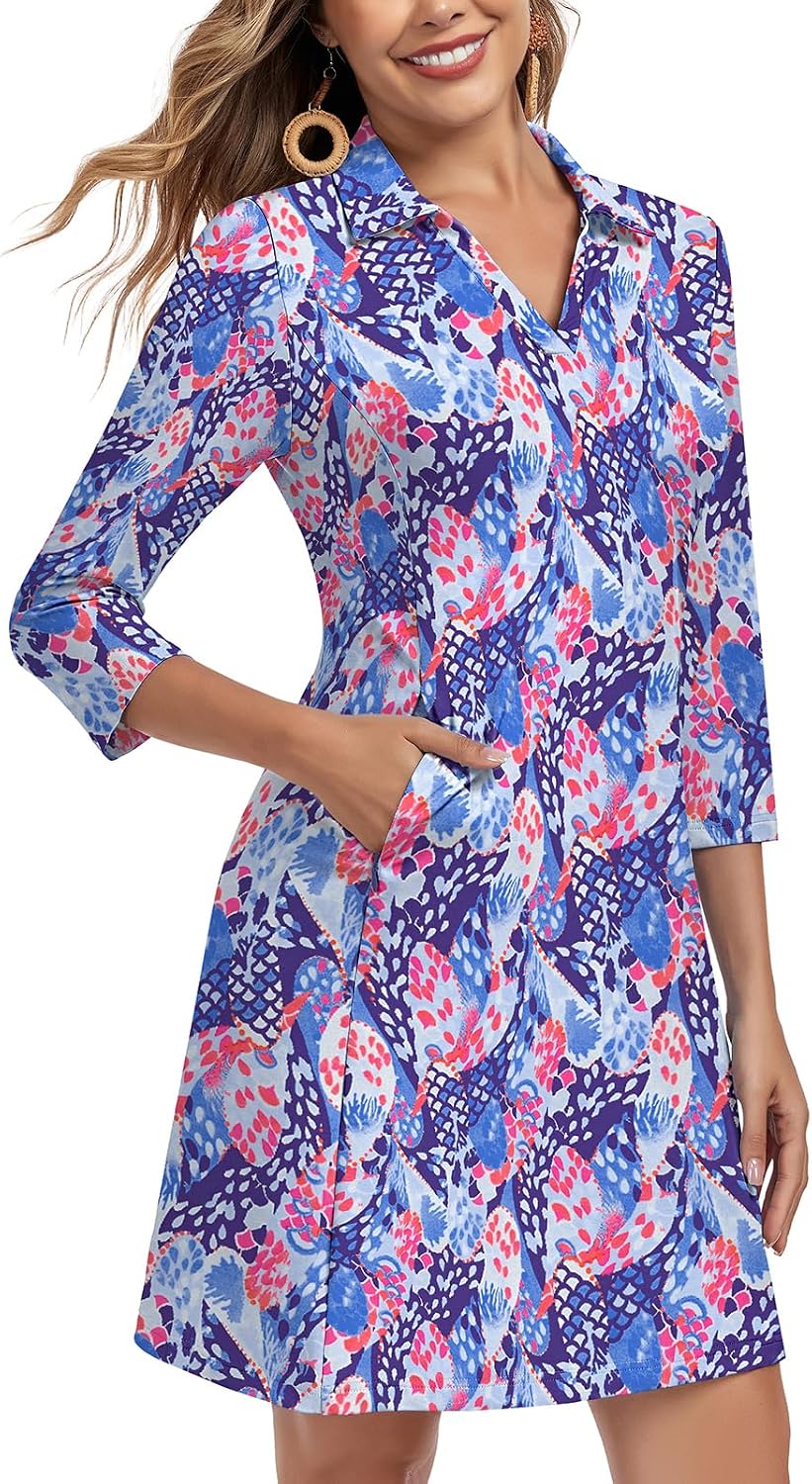 Soneven Women's 3\/4 Sleeve Dress with Pockets UPF 50+ Sun Dress Breathable Quick Dry Beach Cover Ups