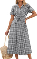 ANRABESS Women Summer Short Sleeve Midi Dress, Striped & Gingham, Casual A-Line Button Collar Shirt Dress, Beach & Vacation