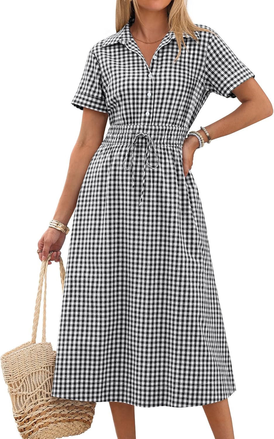 ANRABESS Women Summer Short Sleeve Midi Dress, Striped & Gingham, Casual A-Line Button Collar Shirt Dress, Beach & Vacation