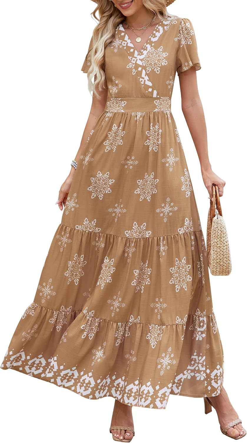 PRETTYGARDEN Womens Floral Boho Maxi Dress | Flutter Short Sleeve,Vneck Wrap,Tiered Ruffle,A Line Flowy Dresses,with Pockets,Summer Wedding Guest Beach Vacation Clothes