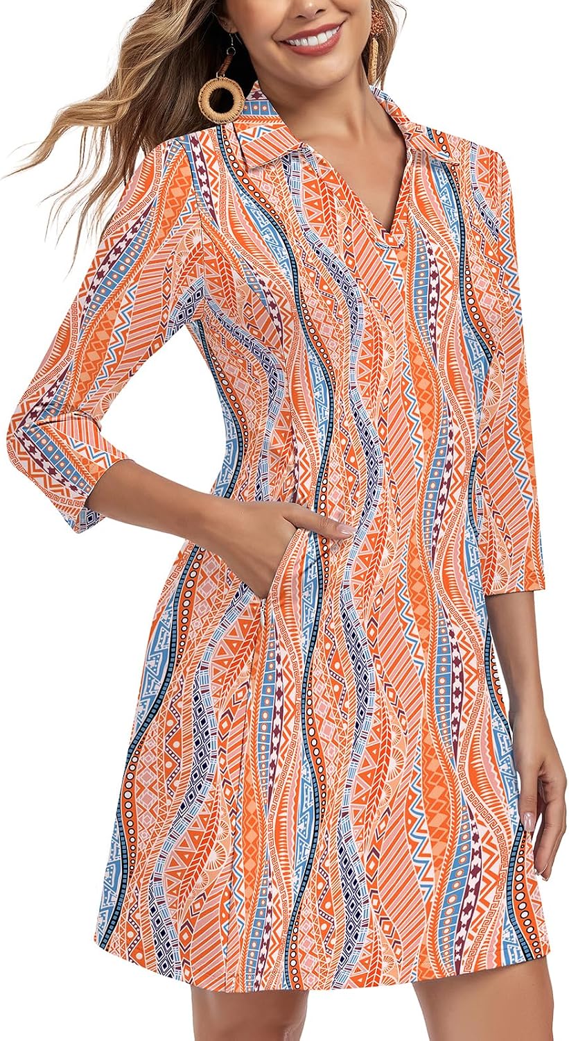 Soneven Women's 3\/4 Sleeve Dress with Pockets UPF 50+ Sun Dress Breathable Quick Dry Beach Cover Ups
