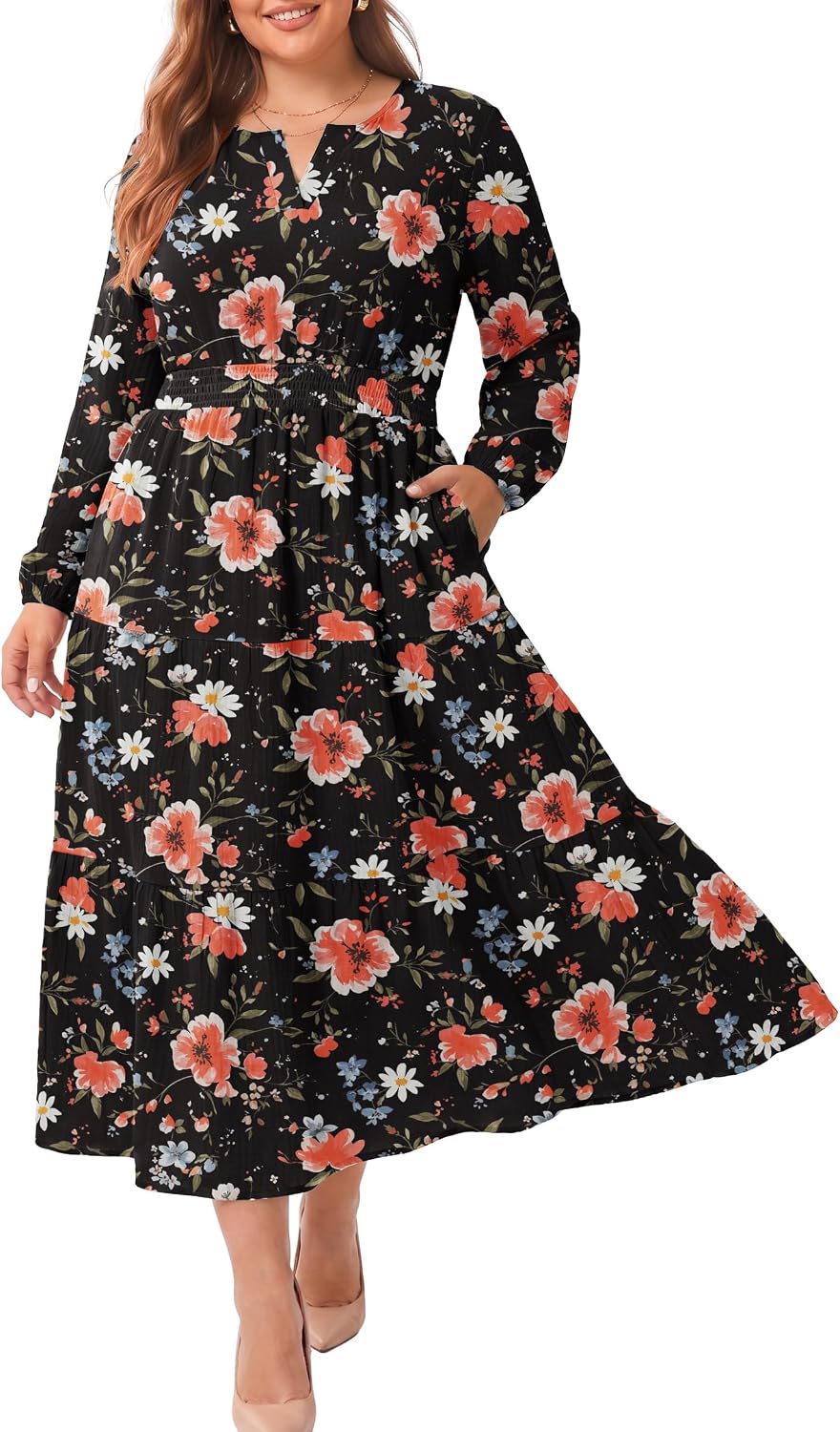 OLRIK Plus Size Fall Maxi Dress for Curvy Women Long Sleeve Pockets | Smocked Waist Tiered Skirt Deep Pockets Autumn Boho Maxi Dress for Wedding Guest Family Photo Teacher or Work Casual
