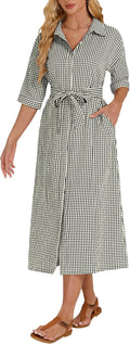 Women's 2026 Summer Gingham Maxi Dress Half Sleeve Casual Plaid Button Down Long Belted Shirt Dress