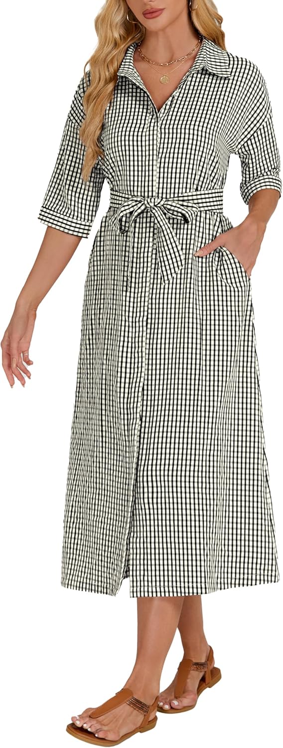 Women's 2026 Summer Gingham Maxi Dress Half Sleeve Casual Plaid Button Down Long Belted Shirt Dress