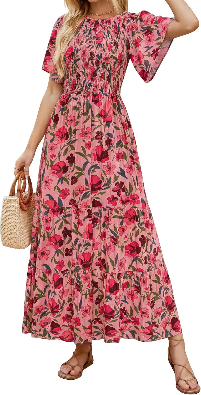 ZESICA Women's Summer Boho Floral Smocked Short Sleeve Maxi Dress | Tiered, Flowy, Elastic Waist, 2026 Casual Wedding Guest Date Holiday Beach Vacation Long Dresses