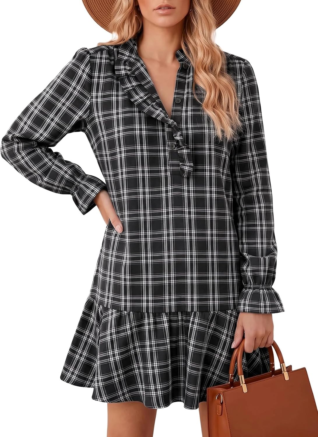 Dokotoo Fall Dresses for Women Long Sleeve Ruffled Button Down Plaid Dress | boho chic tiered mini, cute dresses for women, loose fit with pockets, 2026 fall fashion outfits, cozy casual daily outfits