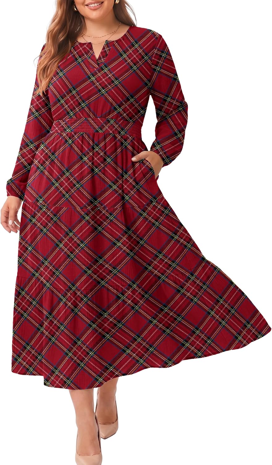 OLRIK Plus Size Fall Maxi Dress for Curvy Women Long Sleeve Pockets | Smocked Waist Tiered Skirt Deep Pockets Autumn Boho Maxi Dress for Wedding Guest Family Photo Teacher or Work Casual
