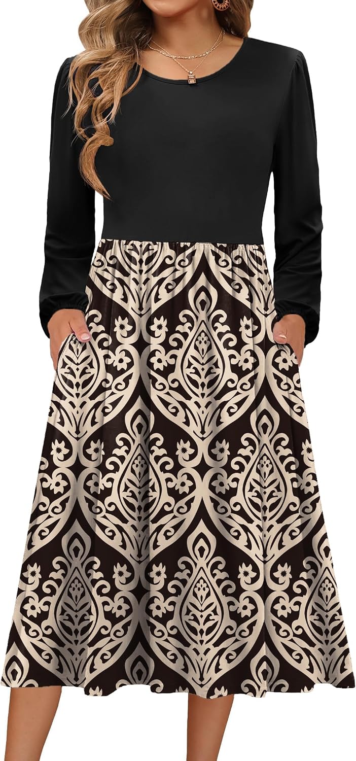 Zeagoo Long Sleeve Dresses for Women 2026 Fall Winter Casual Flowy A-Line Boho Midi Party Long Dress with Pockets