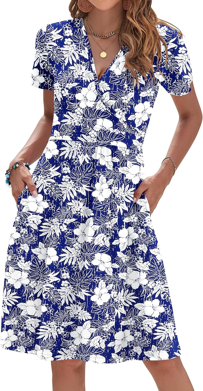 AUSELILY Womens Summer Dresses 2026 Short Sleeve V Neck Faux Wrap Dress | Surplice front, Pockets set into the skirt, Vacation dress for sightseeing, Style low heels with simple jewelry