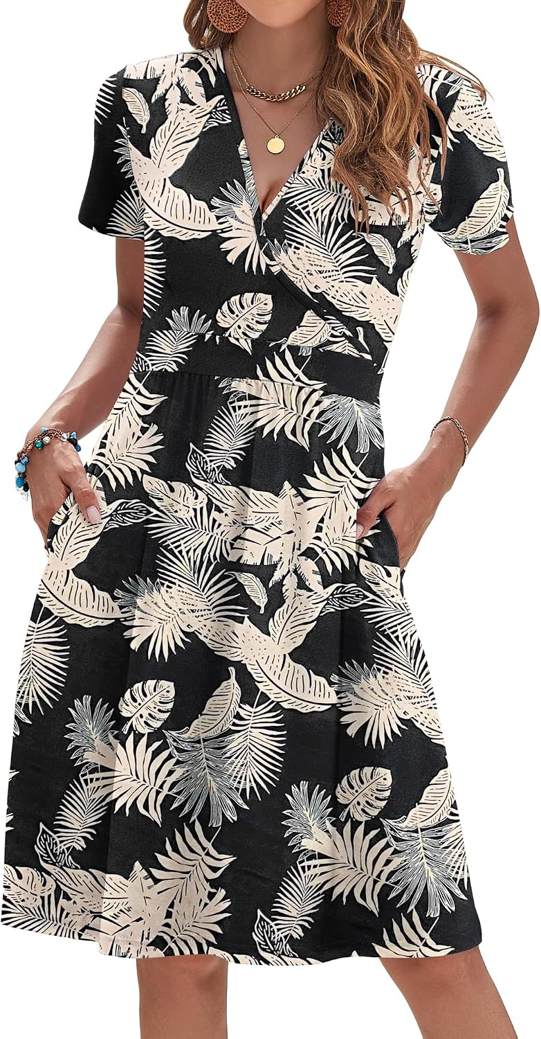 AUSELILY Womens Summer Dresses 2026 Short Sleeve V Neck Faux Wrap Dress | Surplice front, Pockets set into the skirt, Vacation dress for sightseeing, Style low heels with simple jewelry