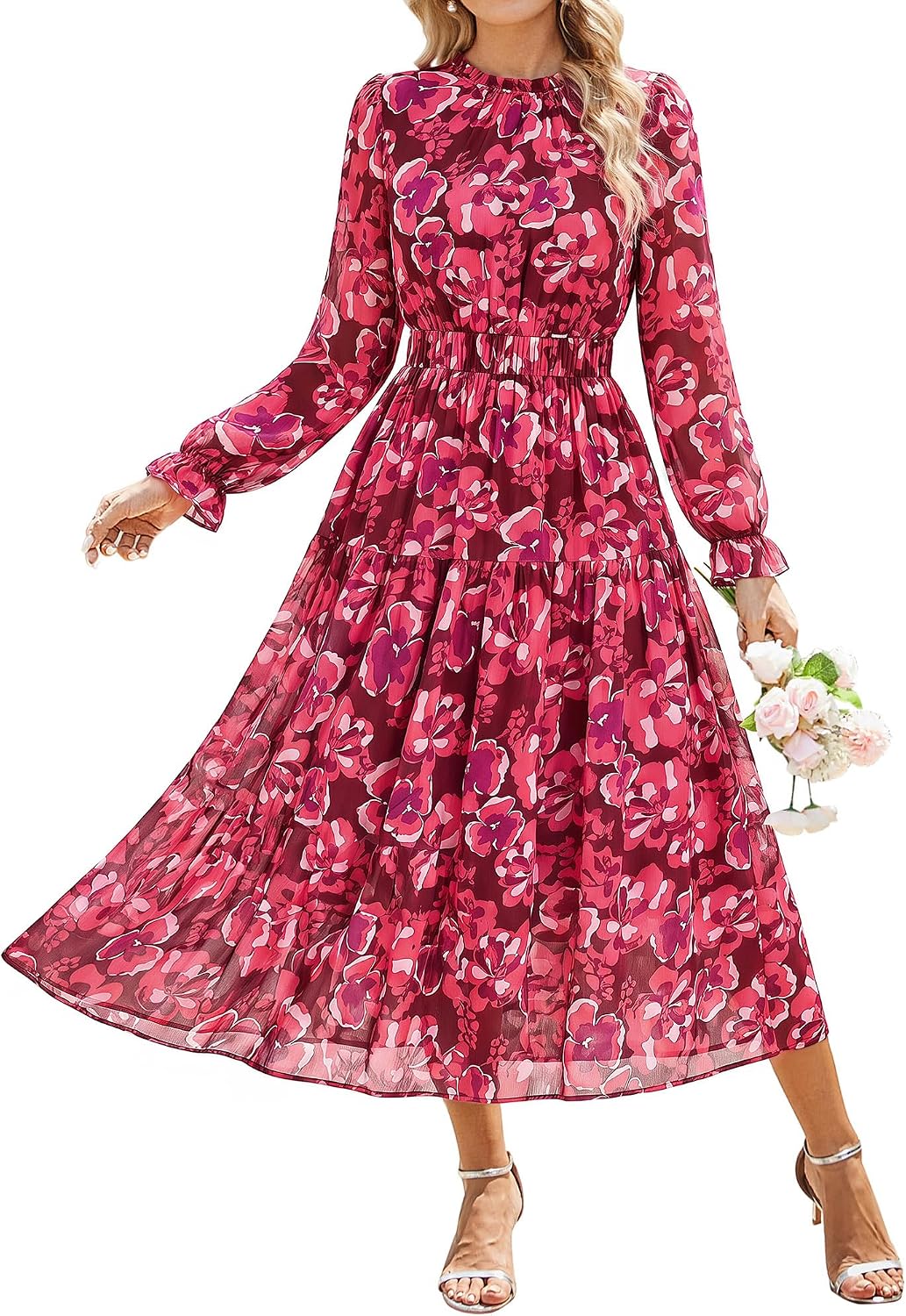GRACE KARIN Women's Floral Long Sleeve Fall Wedding Guest Maxi Dress | 2026 Chiffon,Side Pockets,Mock Neck,Smocked Tieded,A Line Flowy Outfits Suitable for Semi Formal\/Party\/Cocktail\/Boho