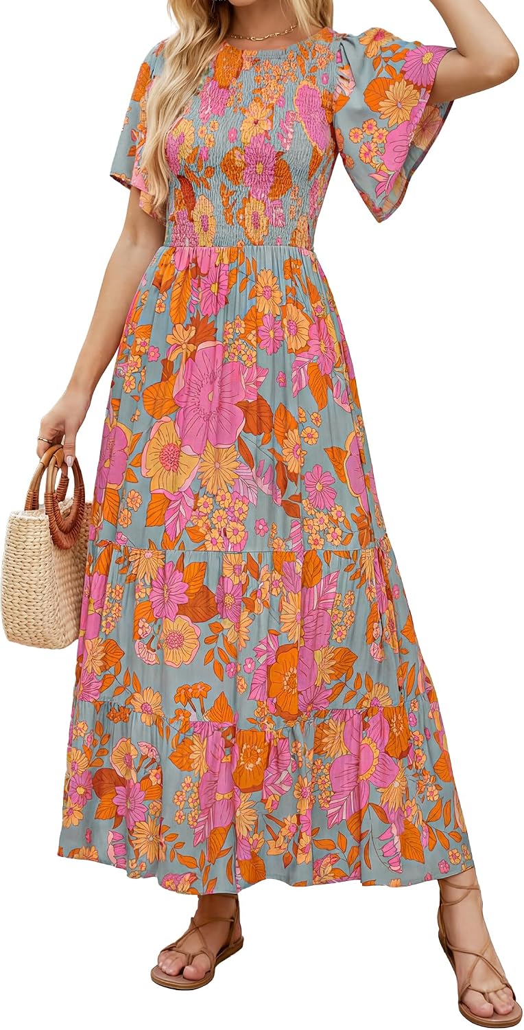 ZESICA Women's Summer Boho Floral Smocked Short Sleeve Maxi Dress | Tiered, Flowy, Elastic Waist, 2026 Casual Wedding Guest Date Holiday Beach Vacation Long Dresses