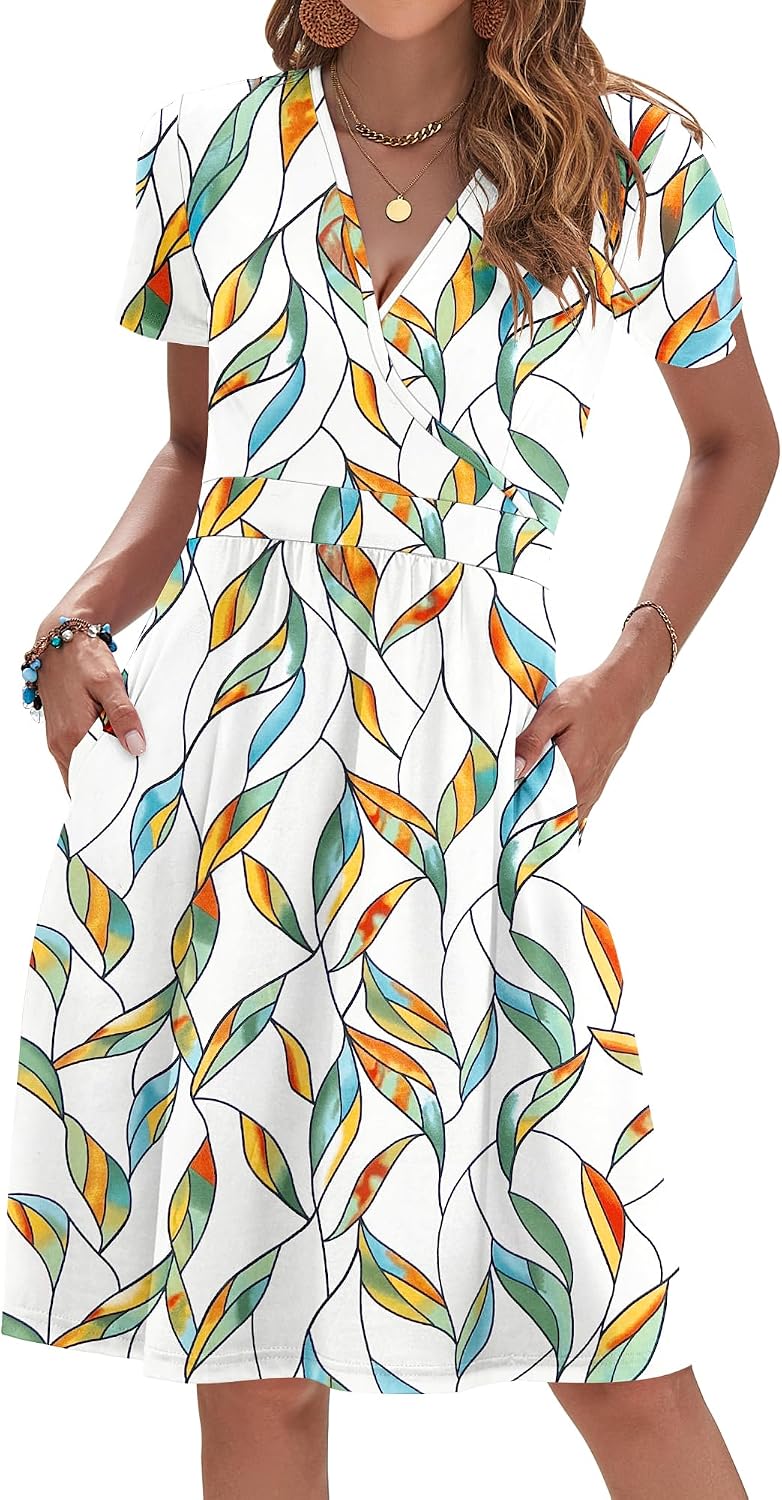 AUSELILY Womens Summer Dresses 2026 Short Sleeve V Neck Faux Wrap Dress | Surplice front, Pockets set into the skirt, Vacation dress for sightseeing, Style low heels with simple jewelry