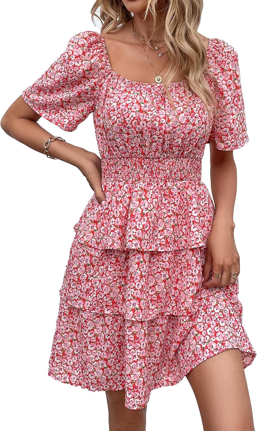 PRETTYGARDEN Women's Summer Floral Ruffle Short Dress | Short Sleeve Square Neck, Flowy Tiered Hem, Fit and Flare, Flower Boho Dresses, Cute Beach Vacation Outfits, Fashion Clothing