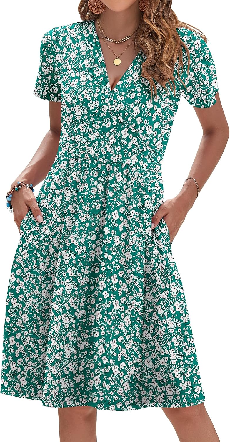 AUSELILY Womens Summer Dresses 2026 Short Sleeve V Neck Faux Wrap Dress | Surplice front, Pockets set into the skirt, Vacation dress for sightseeing, Style low heels with simple jewelry