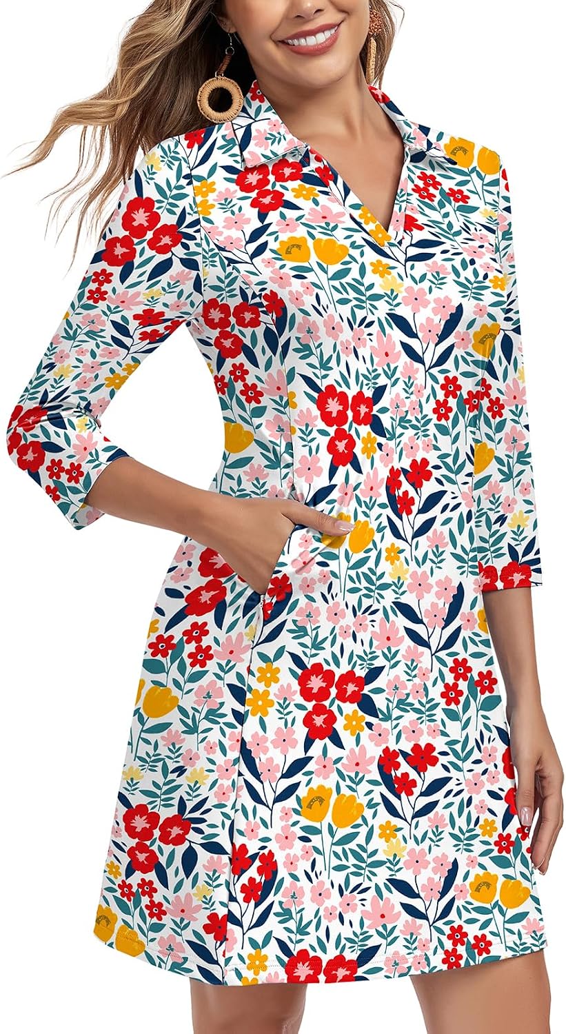 Soneven Women's 3\/4 Sleeve Dress with Pockets UPF 50+ Sun Dress Breathable Quick Dry Beach Cover Ups
