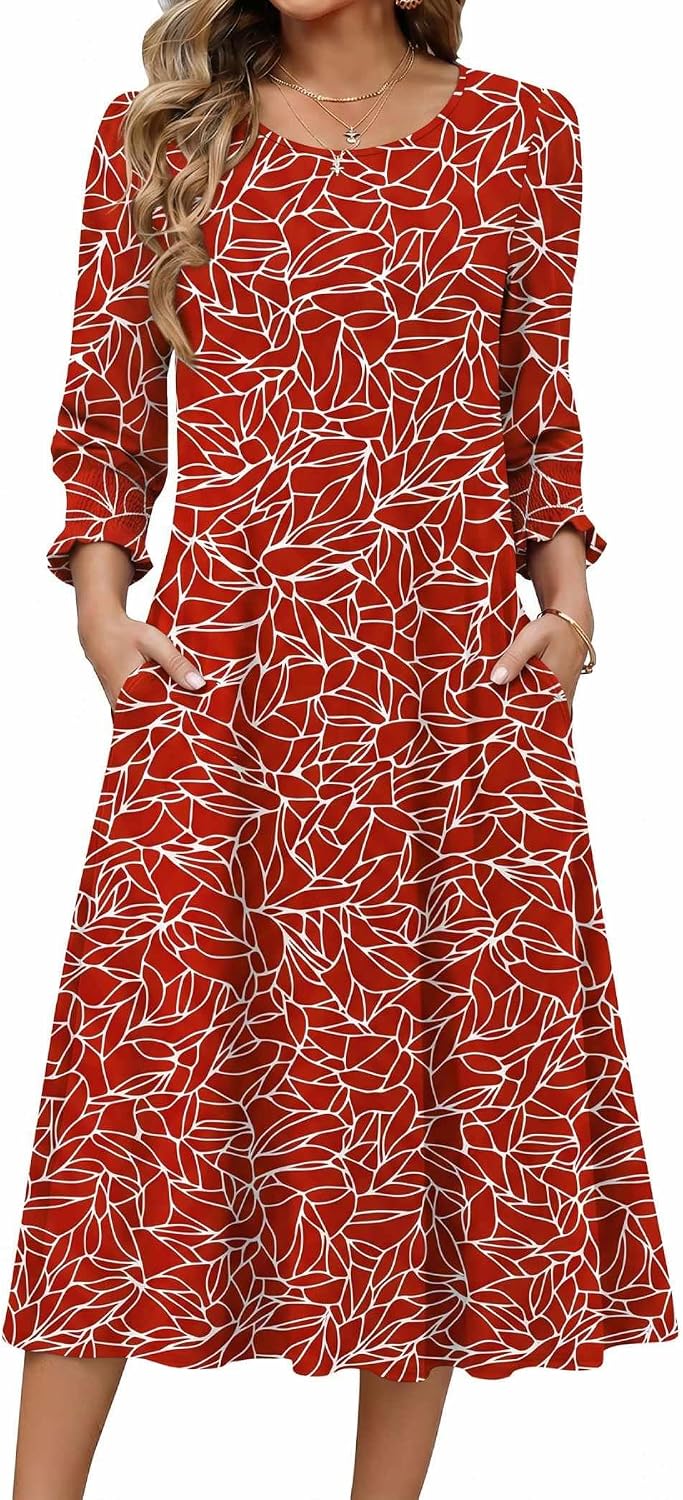 Zeagoo Summer Dresses for Women 2026 3\/4 Sleeve Dress for Women Floral Midi Dresses for Casual Womens Dresses with Pockets