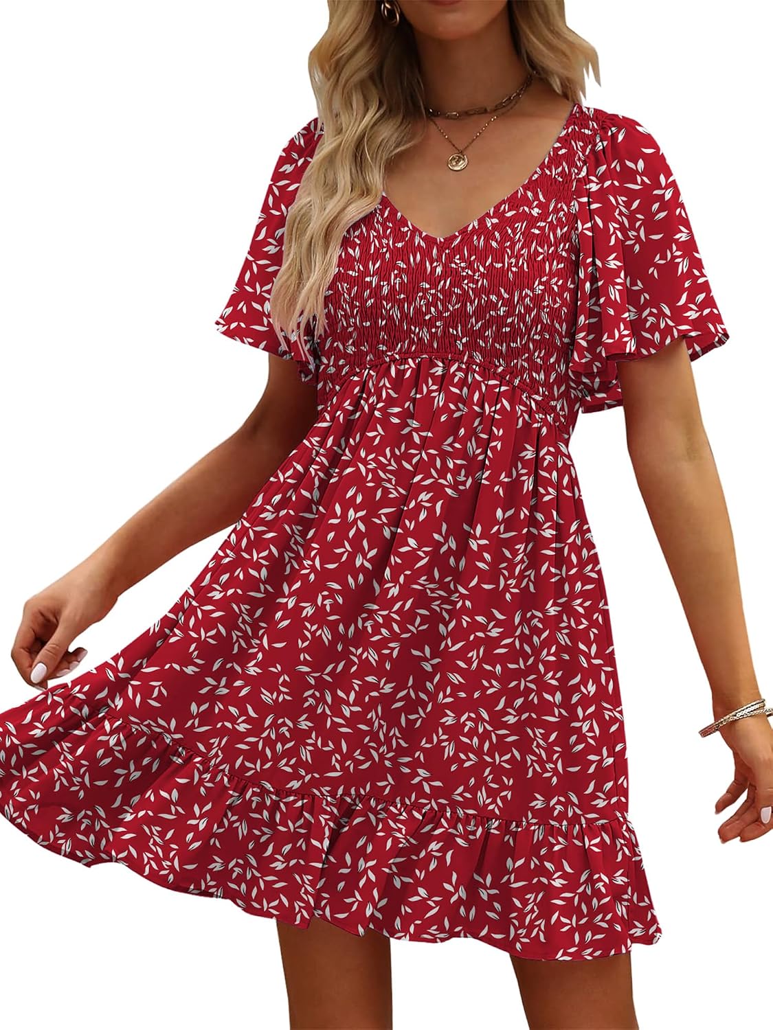 UEAL Womens Floral Smocked V Neck Casual Summer Sun Dresses | Aline, Pockets, Flowy, Cute, Empire Wiast, Flutter Sleeve, Knee Length, Bump Friendly, Beach Vacation, Resort Wear
