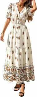 PRETTYGARDEN Womens Short Sleeve Boho Maxi Dress | Floral Tiered Flowy Fit, Fashion Button Front, V Neck Long Dresses With Pockets, Casual Beach Vacation Outfits, Summer Wear
