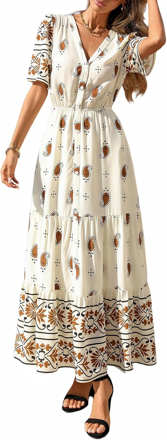 PRETTYGARDEN Womens Short Sleeve Boho Maxi Dress | Floral Tiered Flowy Fit, Fashion Button Front, V Neck Long Dresses With Pockets, Casual Beach Vacation Outfits, Summer Wear