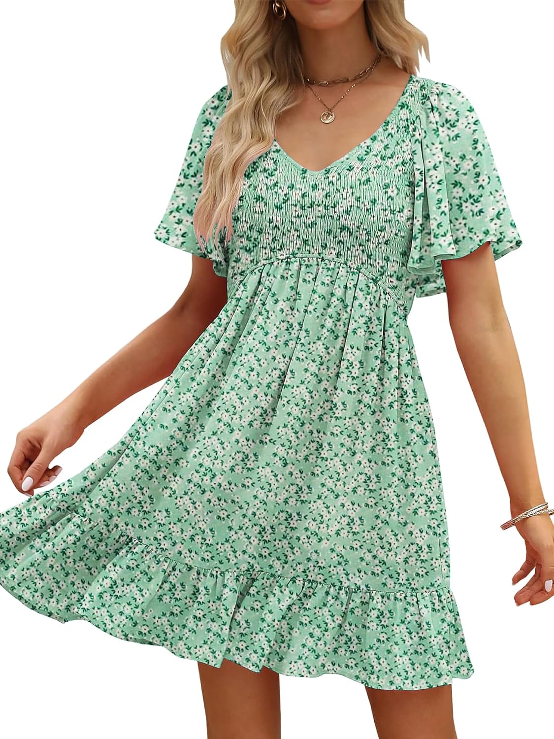 UEAL Womens Floral Smocked V Neck Casual Summer Sun Dresses | Aline, Pockets, Flowy, Cute, Empire Wiast, Flutter Sleeve, Knee Length, Bump Friendly, Beach Vacation, Resort Wear