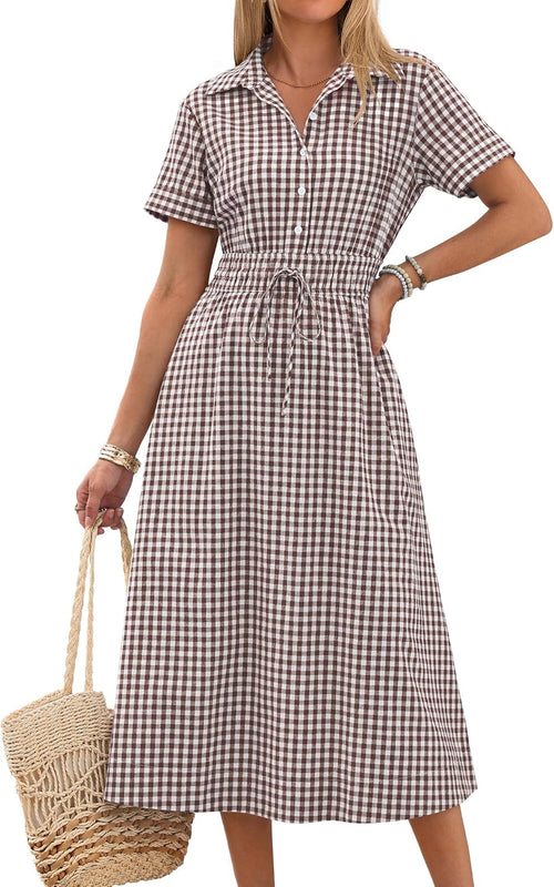 ANRABESS Women Summer Short Sleeve Midi Dress, Striped & Gingham, Casual A-Line Button Collar Shirt Dress, Beach & Vacation