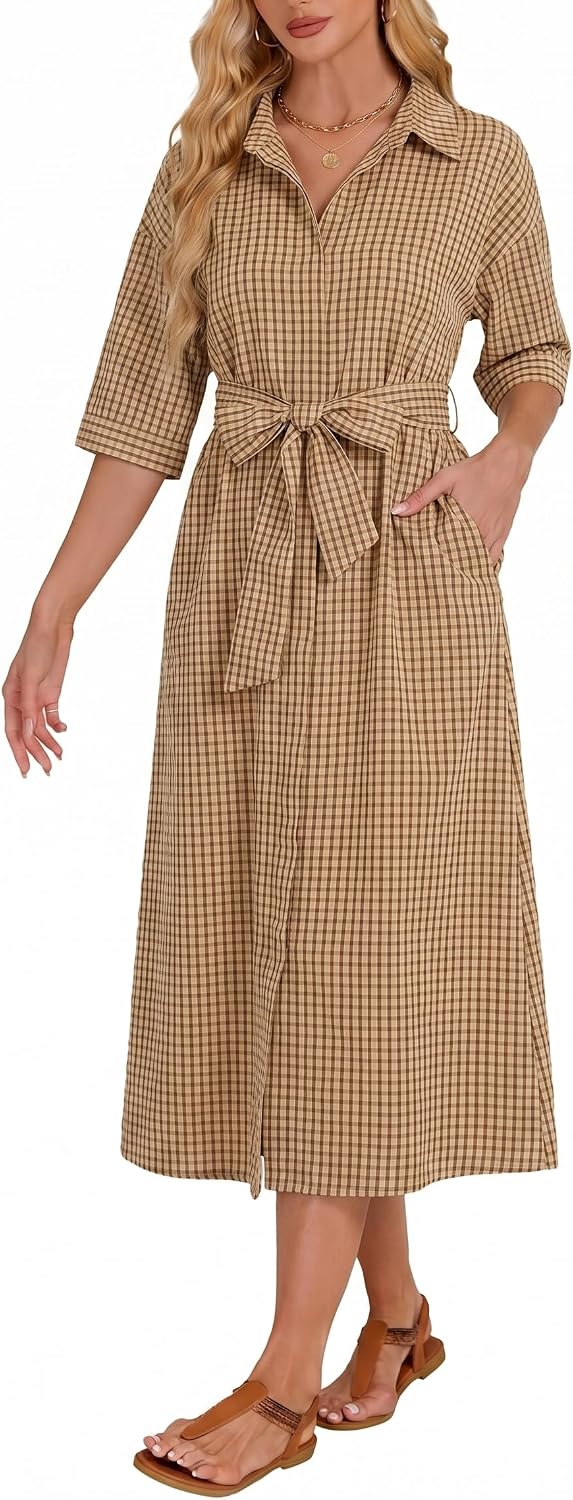 Women's 2026 Summer Gingham Maxi Dress Half Sleeve Casual Plaid Button Down Long Belted Shirt Dress