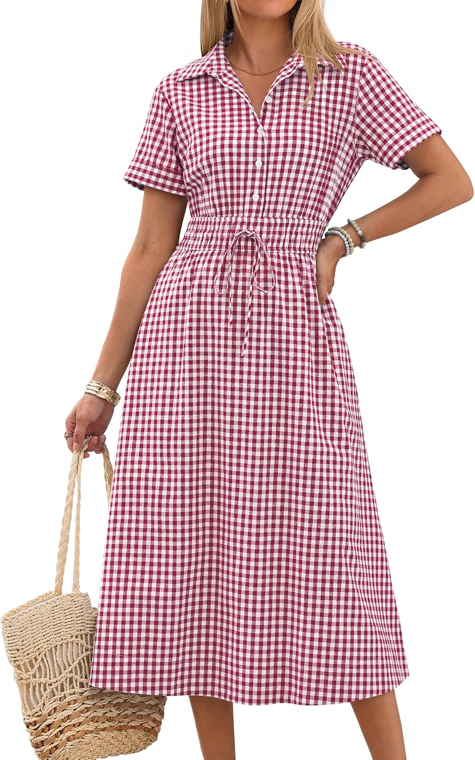 ANRABESS Women Summer Short Sleeve Midi Dress, Striped & Gingham, Casual A-Line Button Collar Shirt Dress, Beach & Vacation