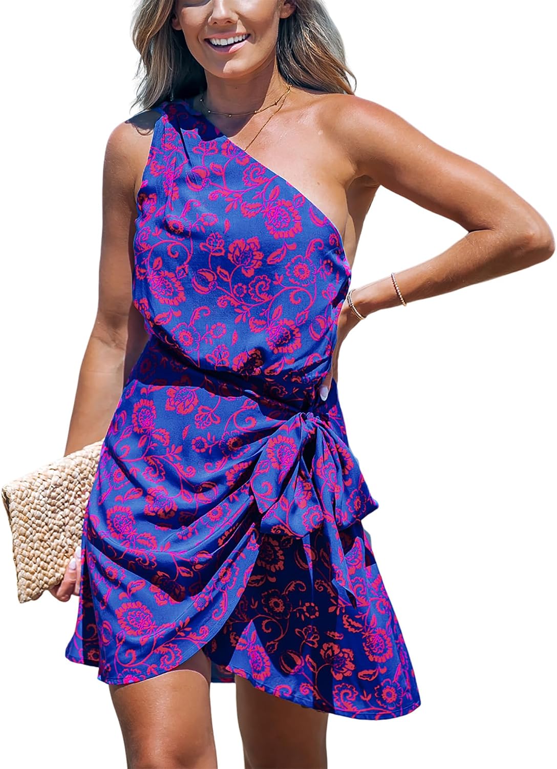 CUPSHE Women's Tropical Leaf Floral Print One Shoulder Wrap Mini Dress | Sleeveless, Asymmetrical Neck, Self Tie Waist Tulip Hem, Zipper Back Vibrant Sundress, For Summer Beach Vacation, Resort Wear