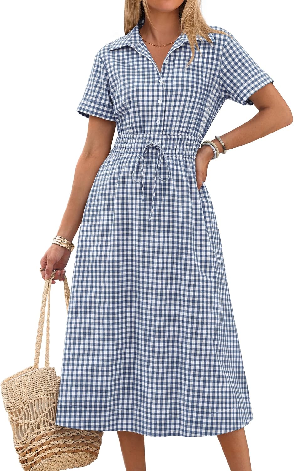 ANRABESS Women Summer Short Sleeve Midi Dress, Striped & Gingham, Casual A-Line Button Collar Shirt Dress, Beach & Vacation