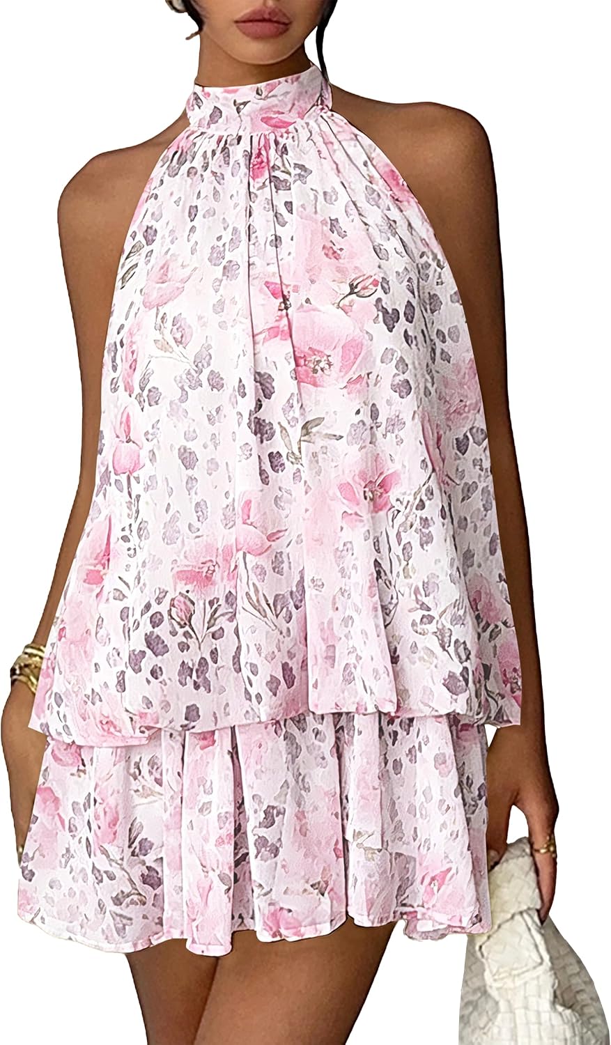 Chiffon Dresses for Women Sexy Halter Backless Drop Waist Mini Dress | Ruffle Open Back Wedding Guest Dresses Bubble Night Out Cocktail Dress Beach Vacation Birthday Party