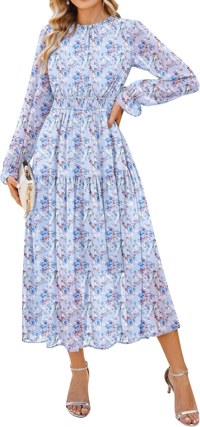 GRACE KARIN Women's Floral Long Sleeve Fall Wedding Guest Maxi Dress | 2026 Chiffon,Side Pockets,Mock Neck,Smocked Tieded,A Line Flowy Outfits Suitable for Semi Formal\/Party\/Cocktail\/Boho