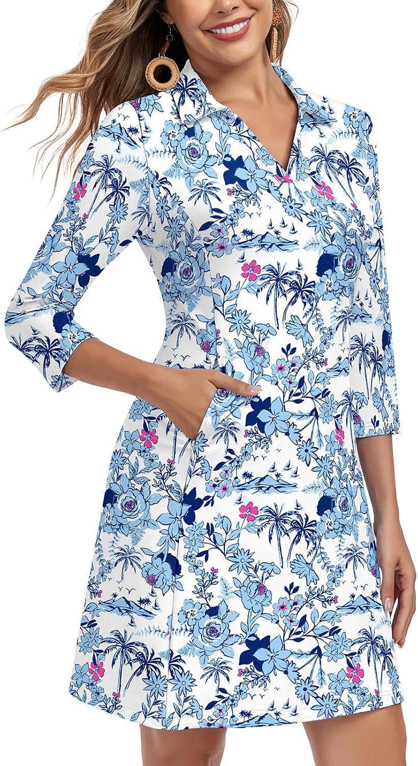Soneven Women's 3\/4 Sleeve Dress with Pockets UPF 50+ Sun Dress Breathable Quick Dry Beach Cover Ups