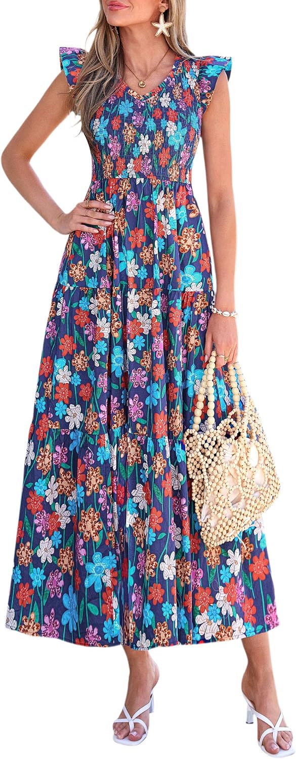 PRETTYGARDEN Women's Smocked Boho Floral Maxi Dress | V Neck Ruffle Sleeve, Long Flowy Sundress, Tiered A Line, Summer Spring Outfits for Beach Vacation, Wedding Guest, Tea Party
