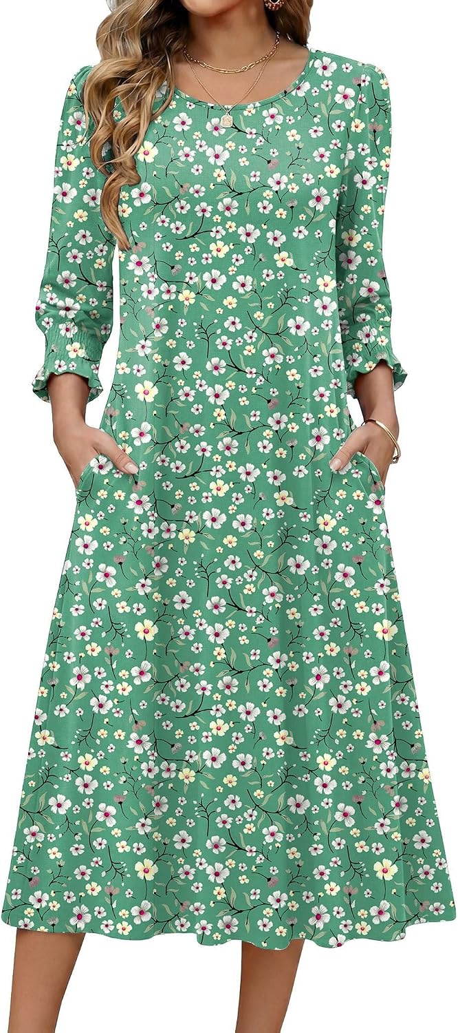 Zeagoo Summer Dresses for Women 2026 3\/4 Sleeve Dress for Women Floral Midi Dresses for Casual Womens Dresses with Pockets